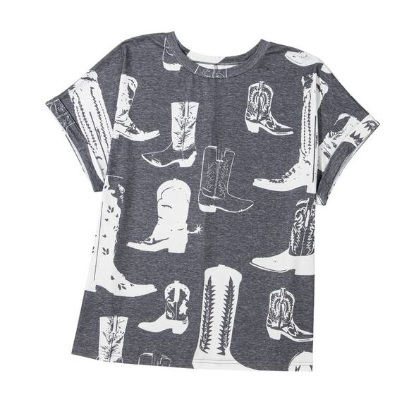 Gray Western Boots Print Crew Neck Short Sleeve Top Sizes: 1X  3X New - Picture 2 of 9